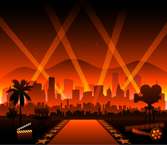 a graphic of searchlights illuminating the L.A. skyline