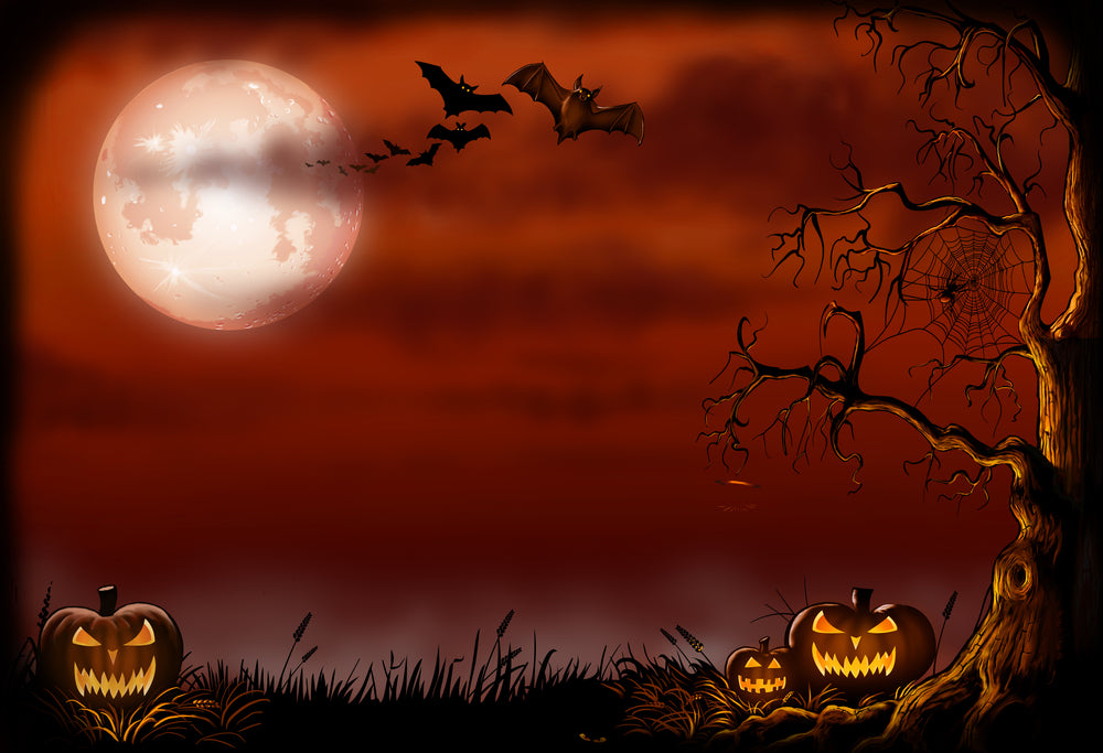 an image depicting jack-o-lanterns, the moon, and a spooky looking tree