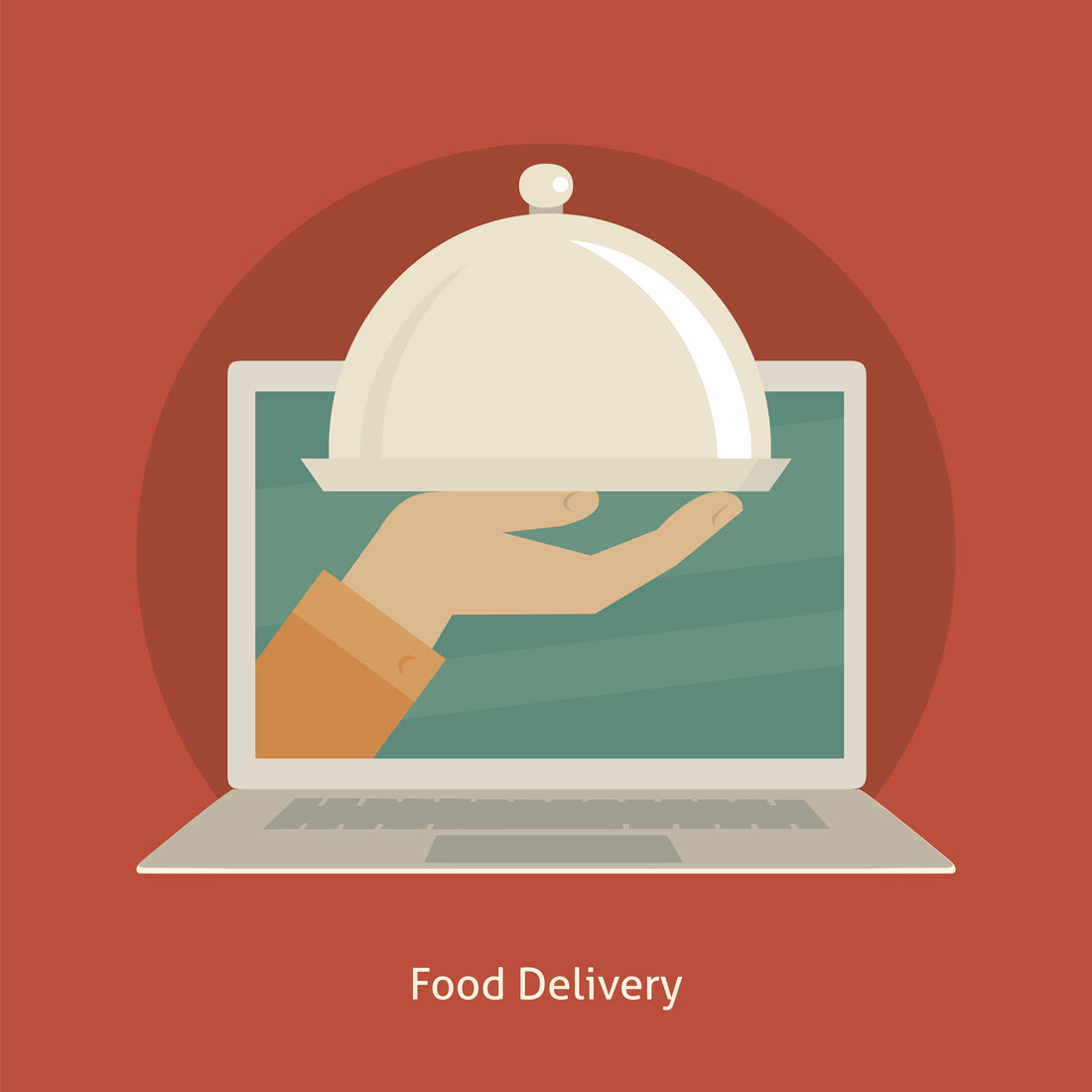a graphic of a hand with a cloche in a hand coming out of a laptop screen