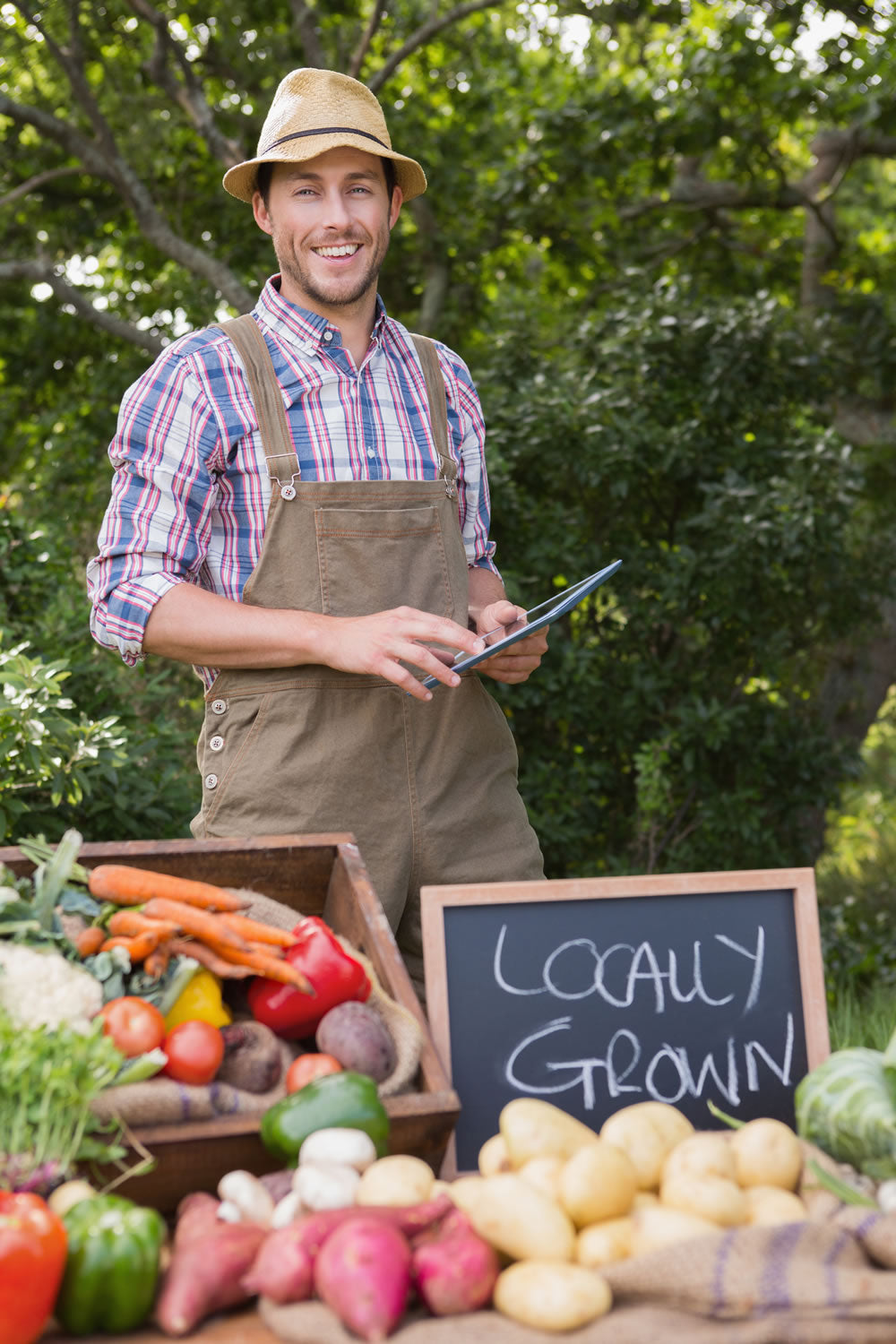 Smiling farmer selling locally grown vegetables at market