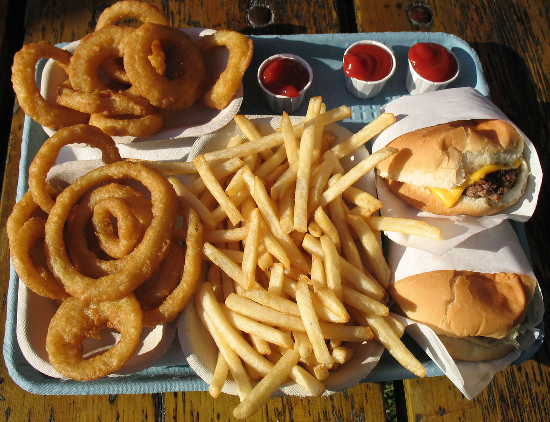hamburgers, fries, and onion rings
